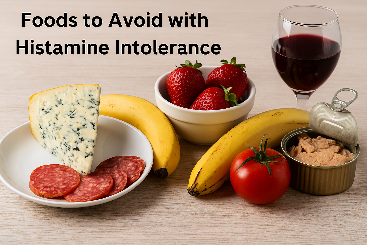 A variety of histamine-rich foods including blue cheese, salami, strawberries, bananas, tomatoes, red wine, and canned tuna displayed on a wooden surface.