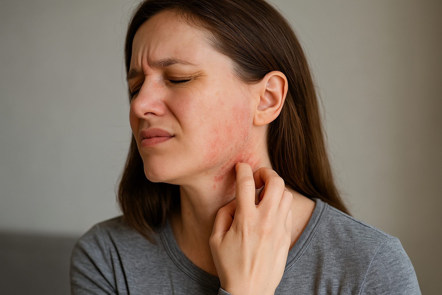 A digital photo of a woman with visible eczema flare-up on her cheek and neck, gently scratching her skin with a pained expression.