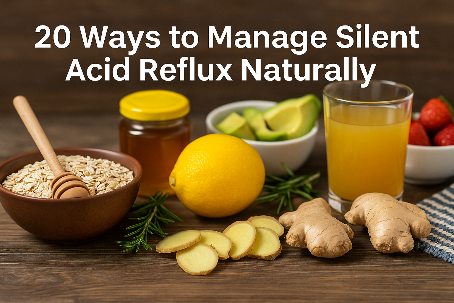 A high-resolution photo featuring ginger, lemon, oats, honey, avocado, and herbal juice on a rustic wooden surface, with the text “20 Ways to Manage Silent Acid Reflux Naturally” overlayed above.