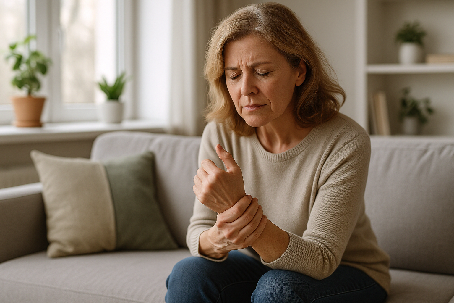A middle-aged woman sitting on a sofa in a calm living room, gently holding her aching wrist, illustrating joint pain from rheumatoid arthritis.