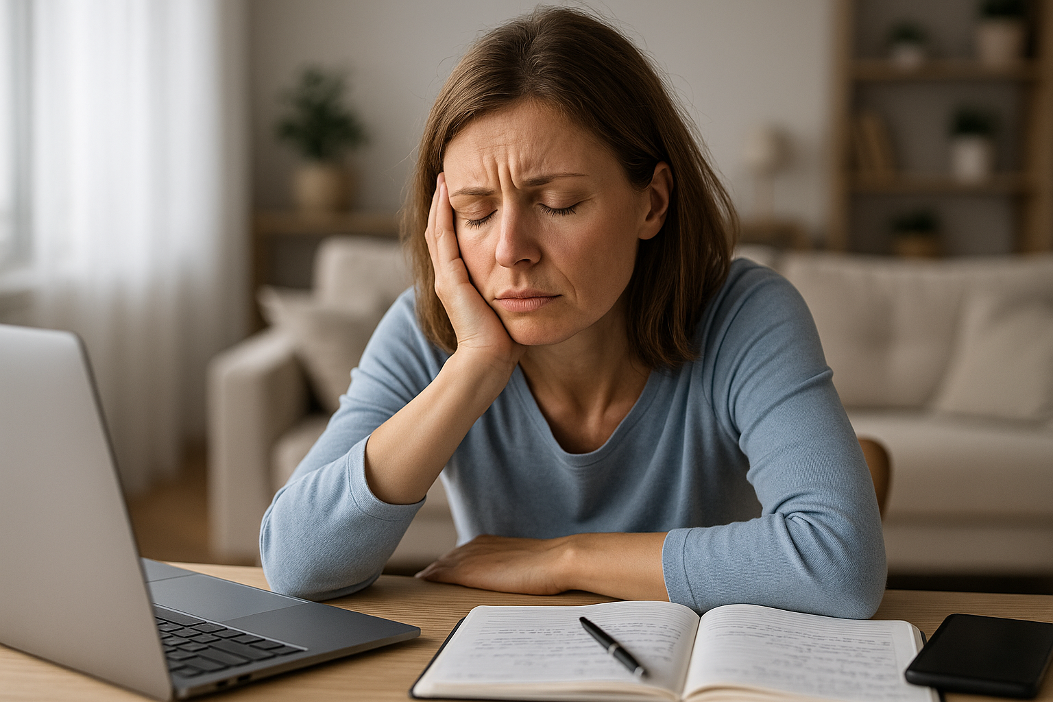 A calm young woman in casual clothes relaxes on a cozy sofa, eyes closed, in a sunlit room, symbolizing chronic fatigue syndrome recovery and natural healing.