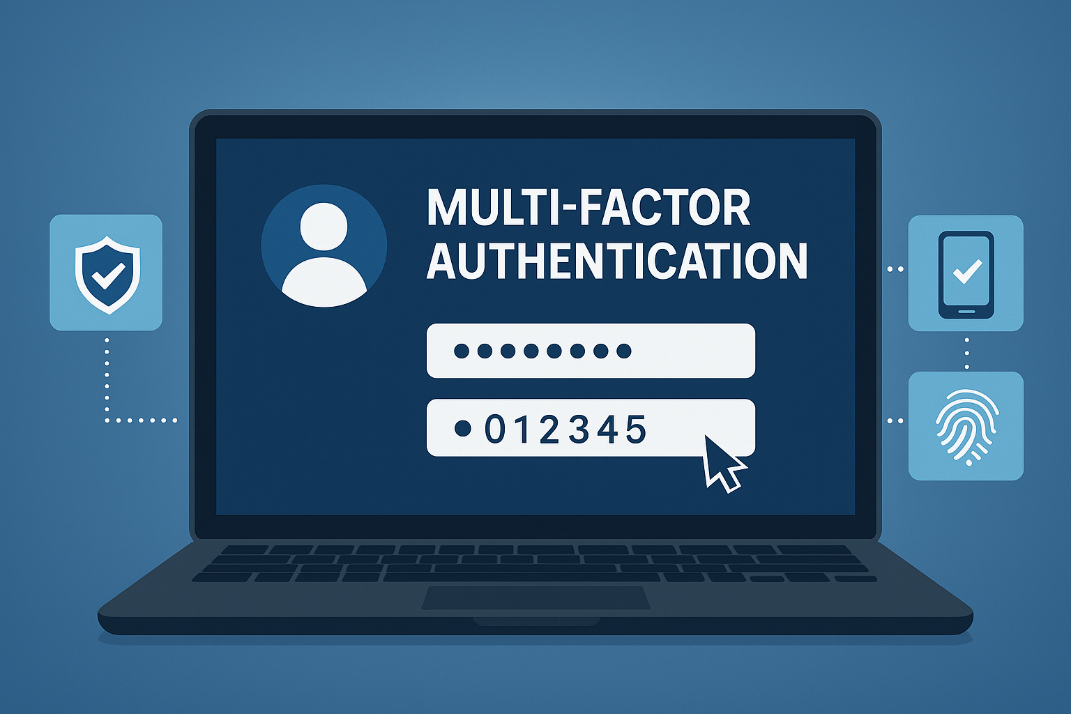 2D digital illustration showing multi-factor authentication setup on a laptop with password, code, and biometric icons.