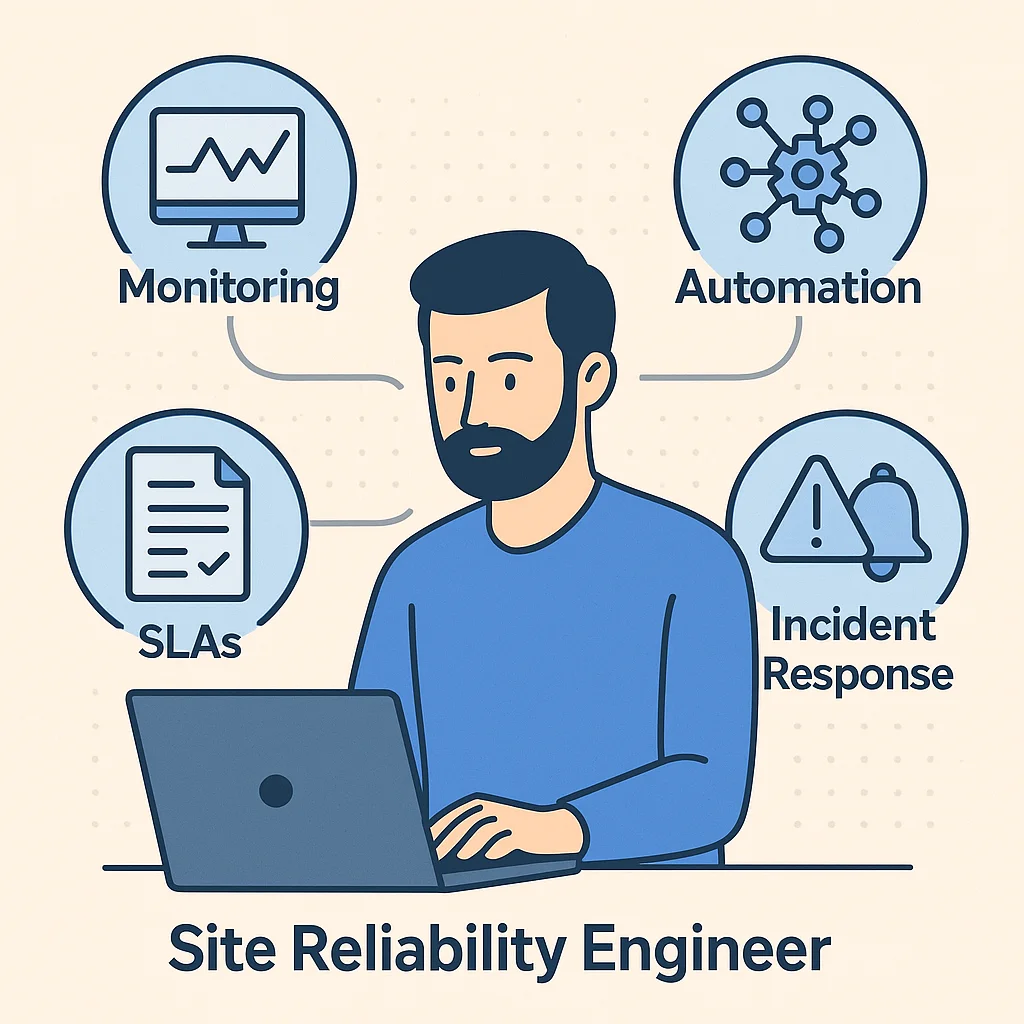 Site reliability engineer working on a laptop surrounded by icons for monitoring, automation, SLAs, and incident response.