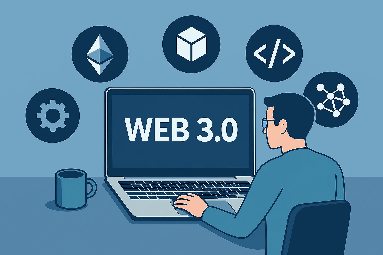 Web 3.0 developer working at a laptop surrounded by icons for blockchain, coding, and decentralized technologies.