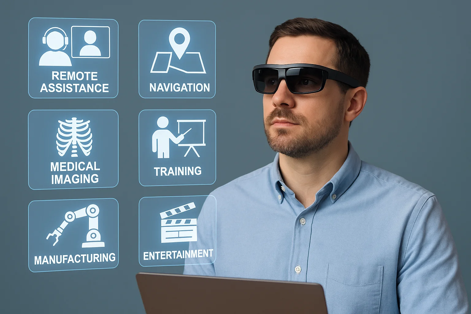 Man wearing AR glasses with floating icons showing use cases like remote assistance, training, and medical imaging.