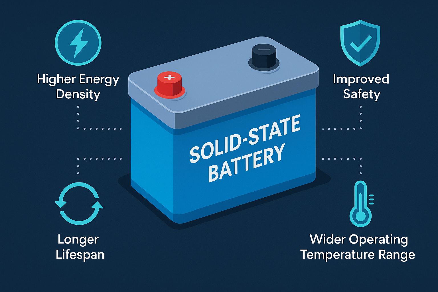 3D illustration of a solid state battery with icons for energy density, safety, lifespan, and temperature range.