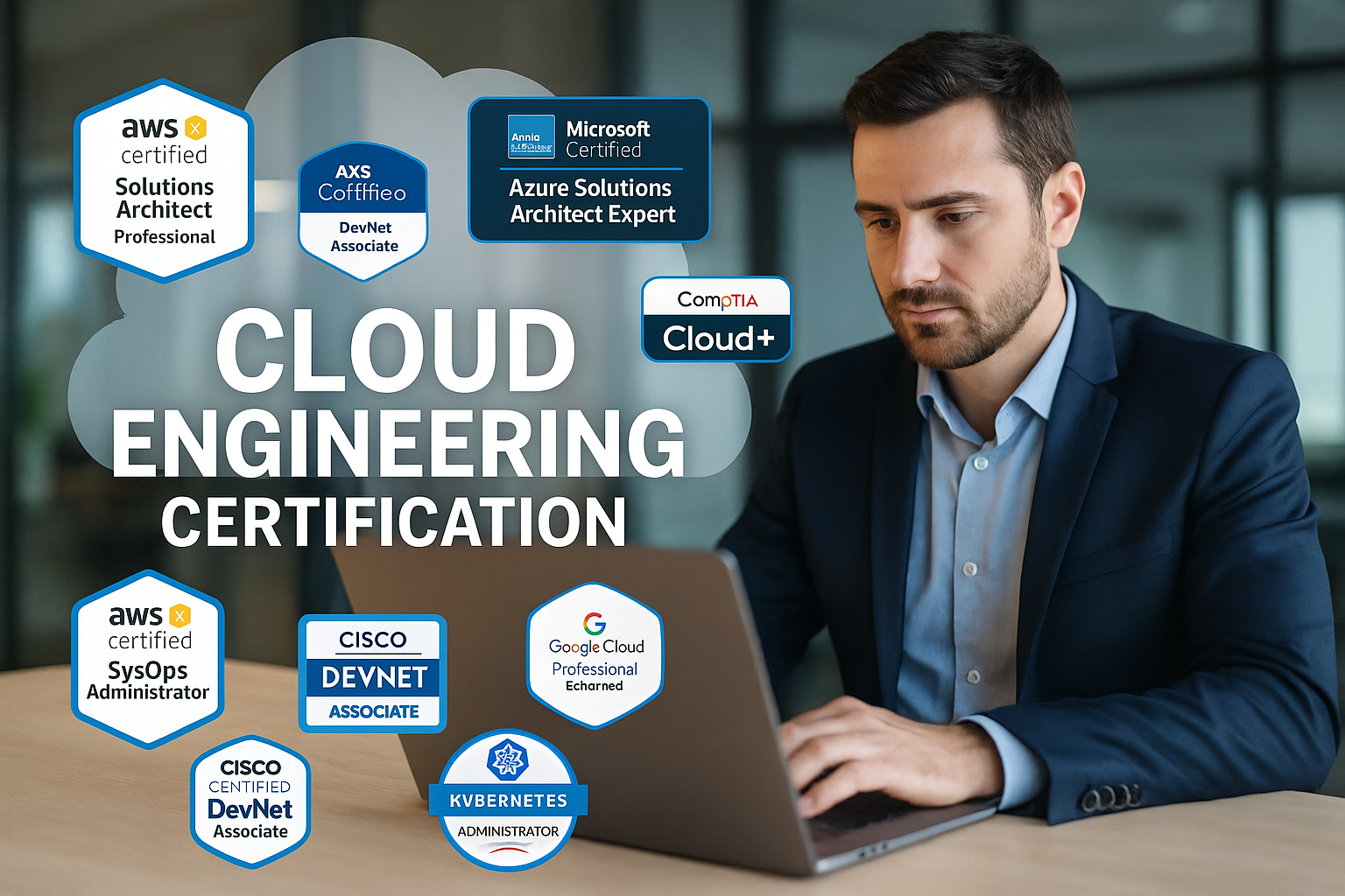 A cloud engineer working on a laptop, surrounded by cloud certification logos like AWS, Azure, GCP, and Kubernetes.