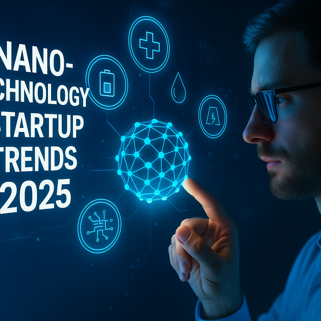 Male researcher pointing at a glowing nanoparticle with futuristic icons representing nanotechnology applications in 2025.