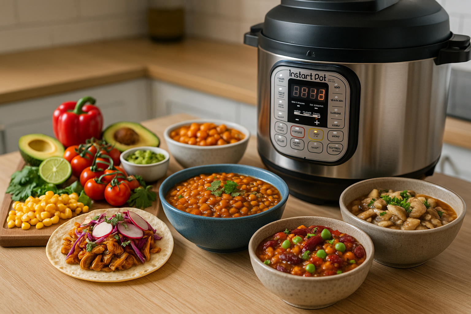 A variety of colorful vegan dishes and fresh vegetables displayed around an Instant Pot on a kitchen counter
