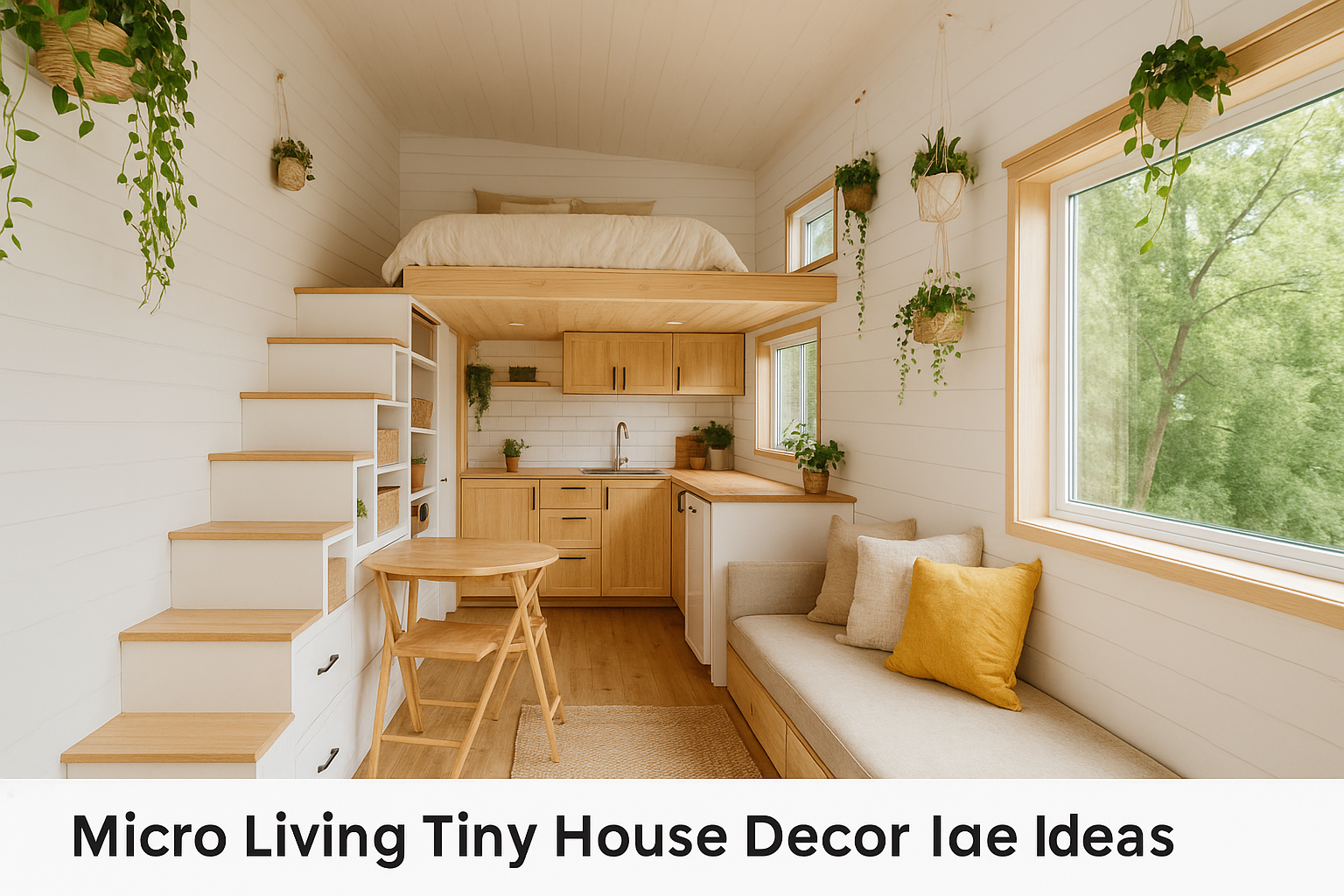 Cozy interior of a tiny house with a loft bed, compact kitchen, folding furniture, and hanging plants.