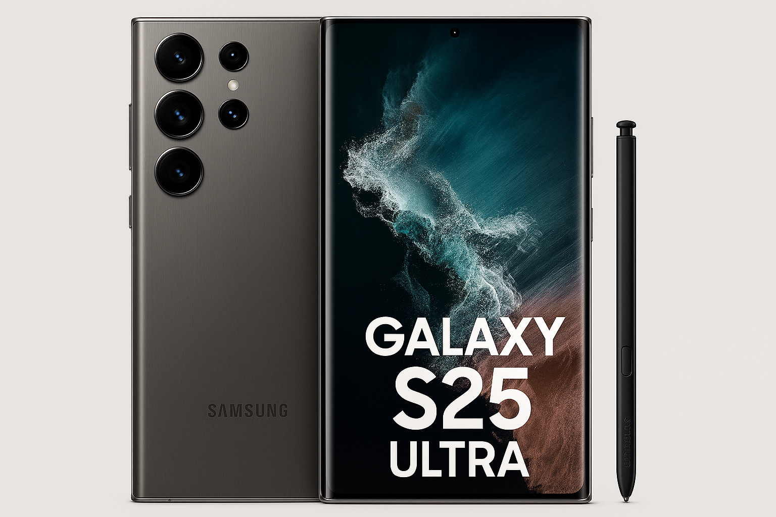 High-resolution image of Samsung Galaxy S25 Ultra with titanium frame and S Pen on a light background.