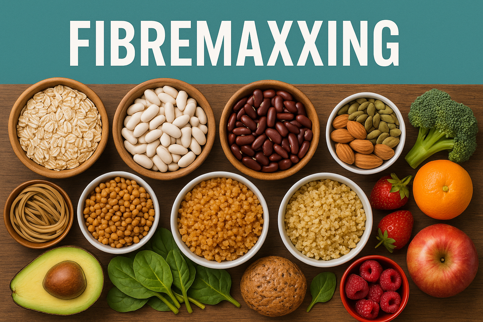 Horizontal display of high-fiber foods with 'FIBREMAXXING' text on teal background