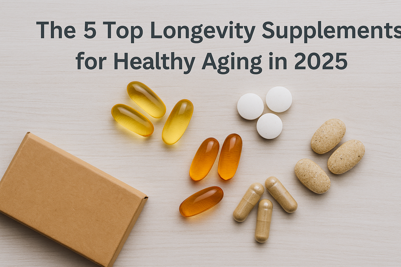 A flat lay of various longevity supplements including capsules, tablets, and softgels on a wooden surface with a text overlay reading “The 5 Top Longevity Supplements for Healthy Aging in 2025.