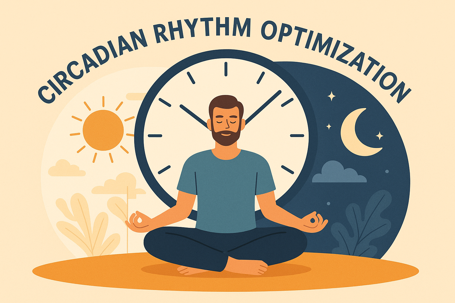 Illustration of circadian rhythm optimization with a man meditating in front of a day-night themed clock.