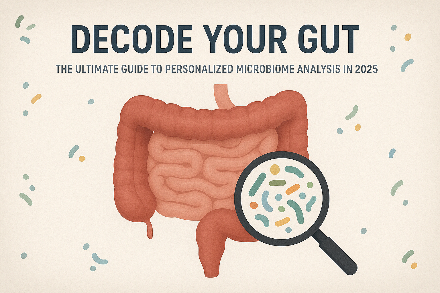 A realistic, horizontally wide digital infographic showing the human digestive system with a magnifying glass highlighting colorful gut microbiota, representing personalized microbiome analysis.