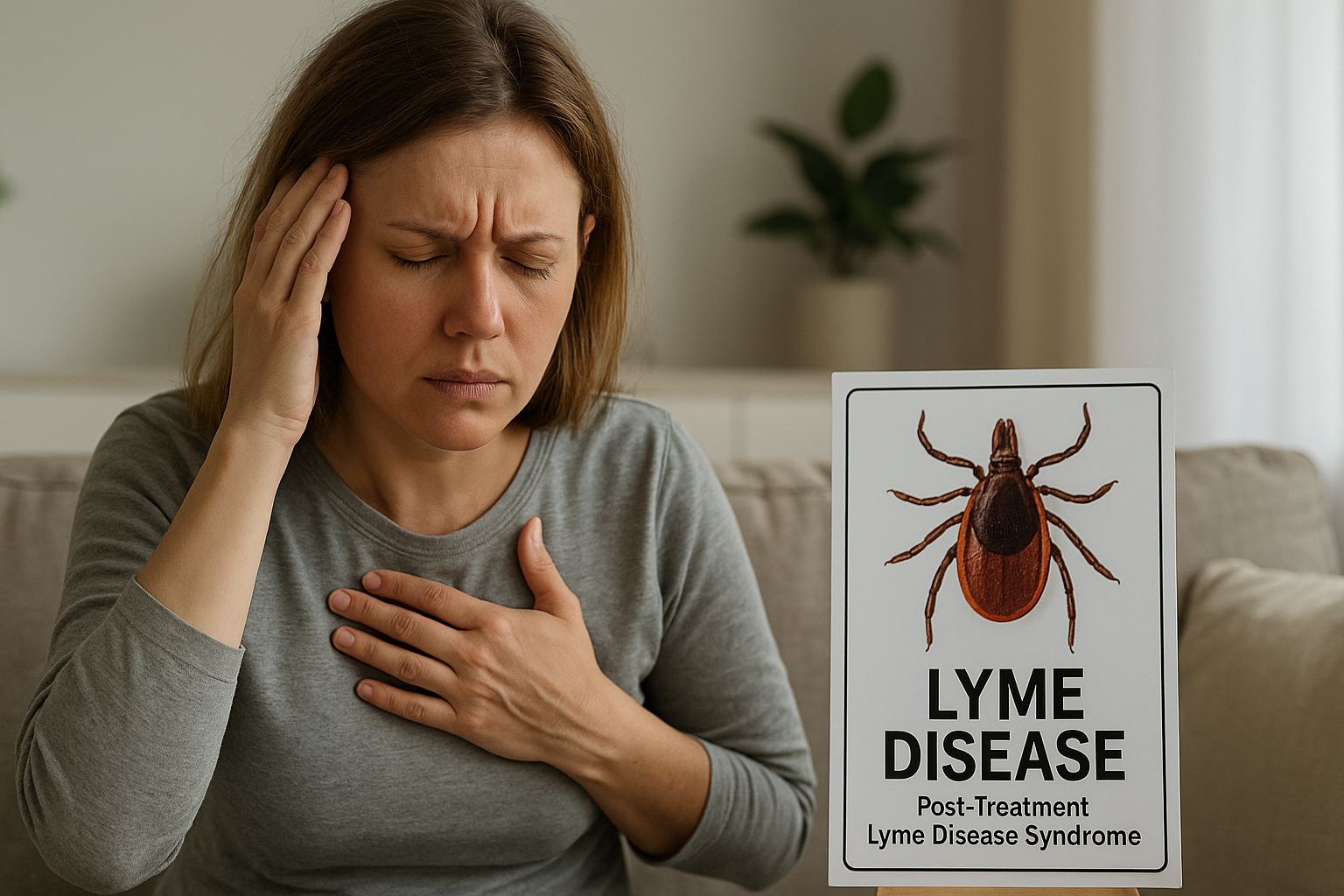 A woman experiencing symptoms of Post-Treatment Lyme Disease Syndrome sits on a couch beside an informational sign showing a tick and the text "Lyme Disease