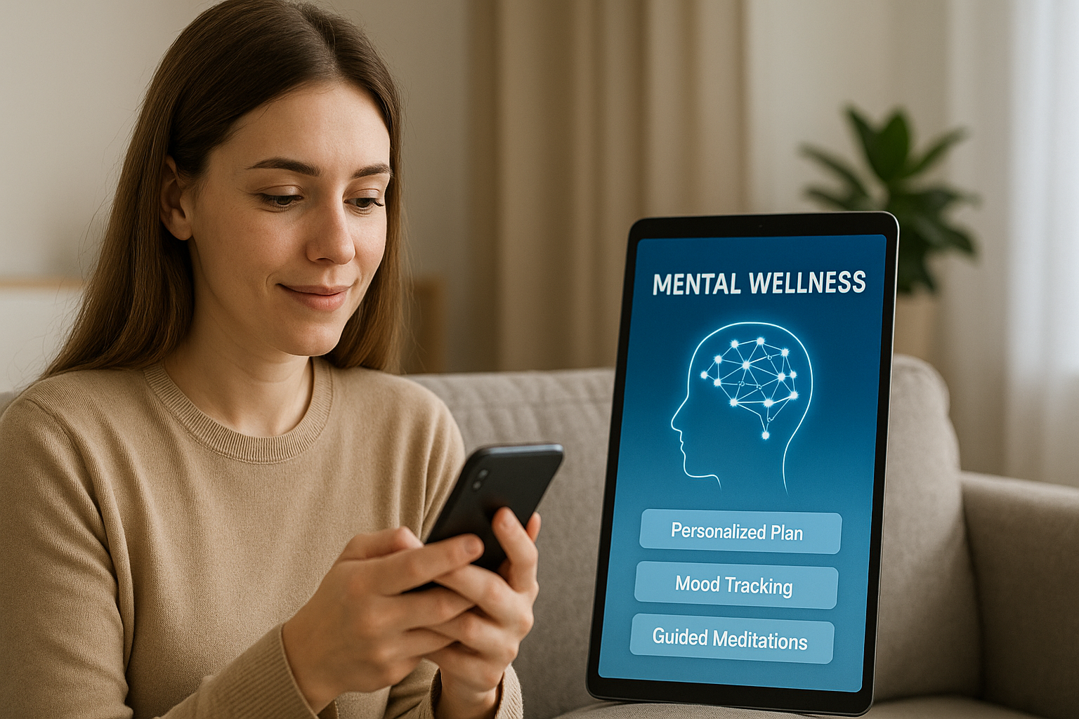 A young woman uses a smartphone next to a tablet displaying a mental wellness app interface.
