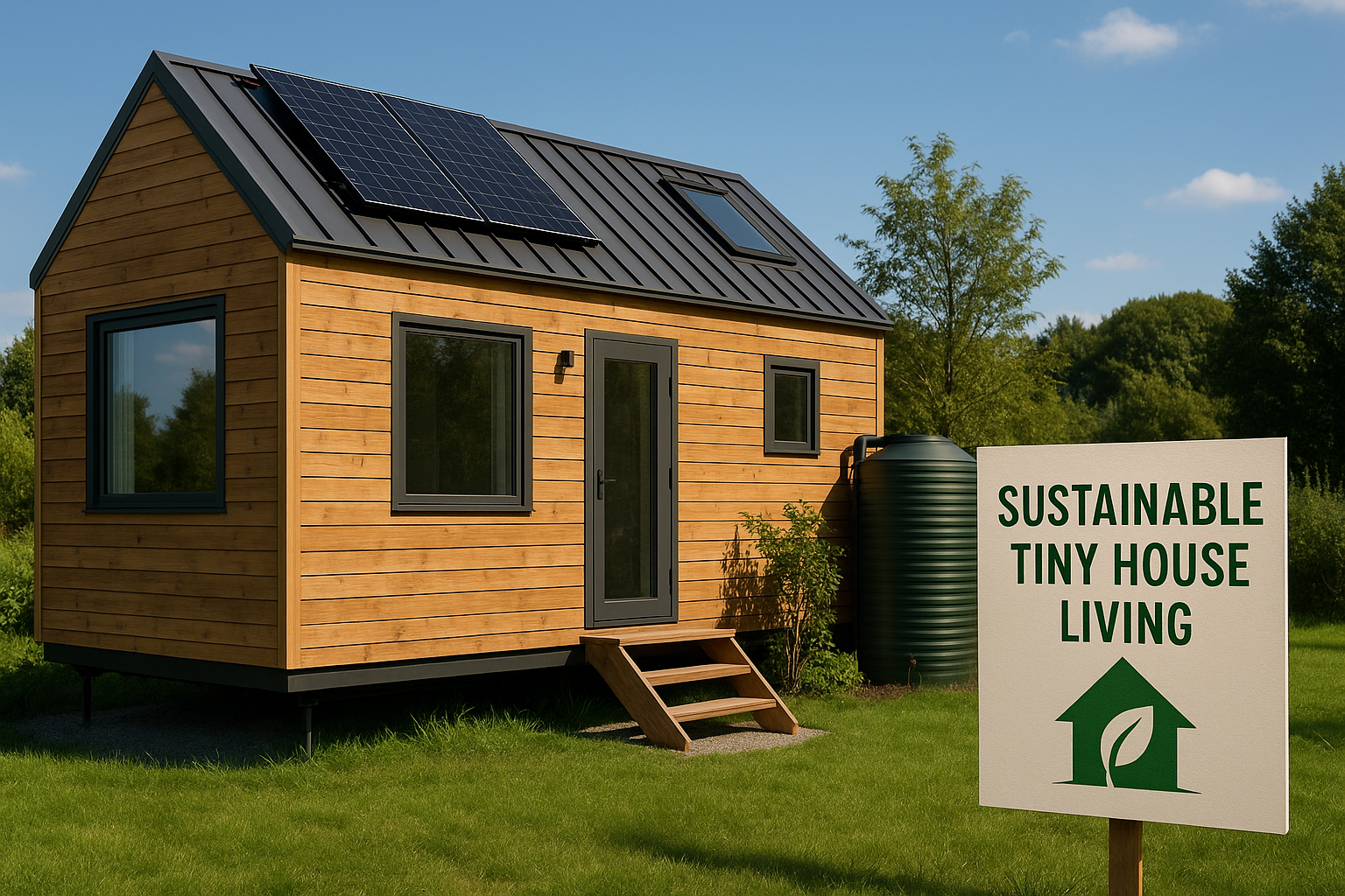 A modern wooden tiny house with solar panels and a rainwater tank, set in a green field under a clear blue sky, with a sign reading “Sustainable Tiny House Living.