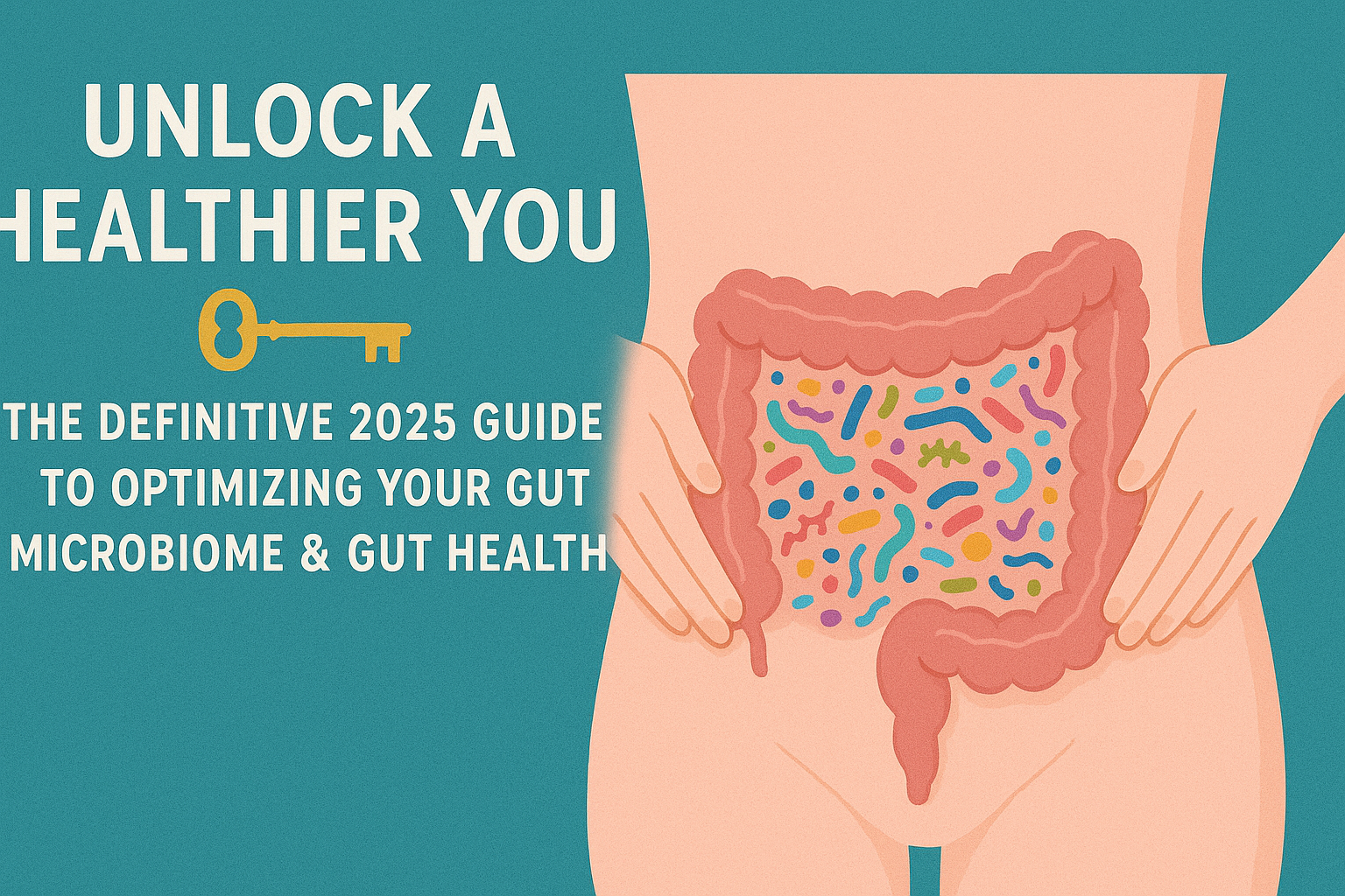 Illustrated book cover showing gut health concept with colorful microbiome inside intestines and the title “Unlock a Healthier You: The Definitive 2025 Guide to Optimizing Your Gut Microbiome & Gut Health”