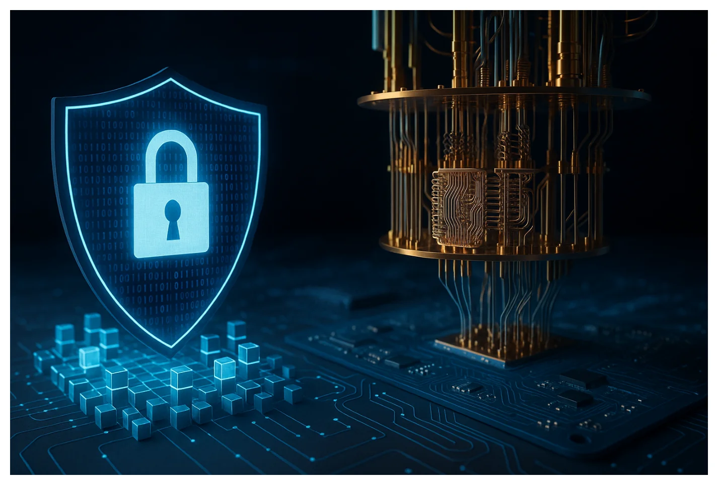 A futuristic cybersecurity shield glowing in blue next to a golden quantum processor, symbolizing the clash between classical encryption and quantum computing threats.
