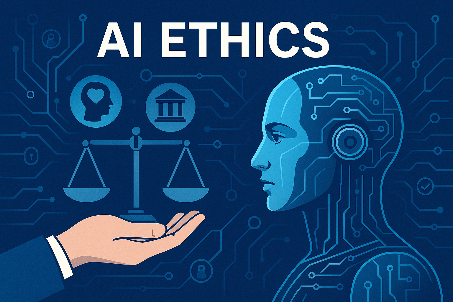 Illustration of a humanoid AI facing balanced justice scales symbolizing responsible AI ethics in 2025