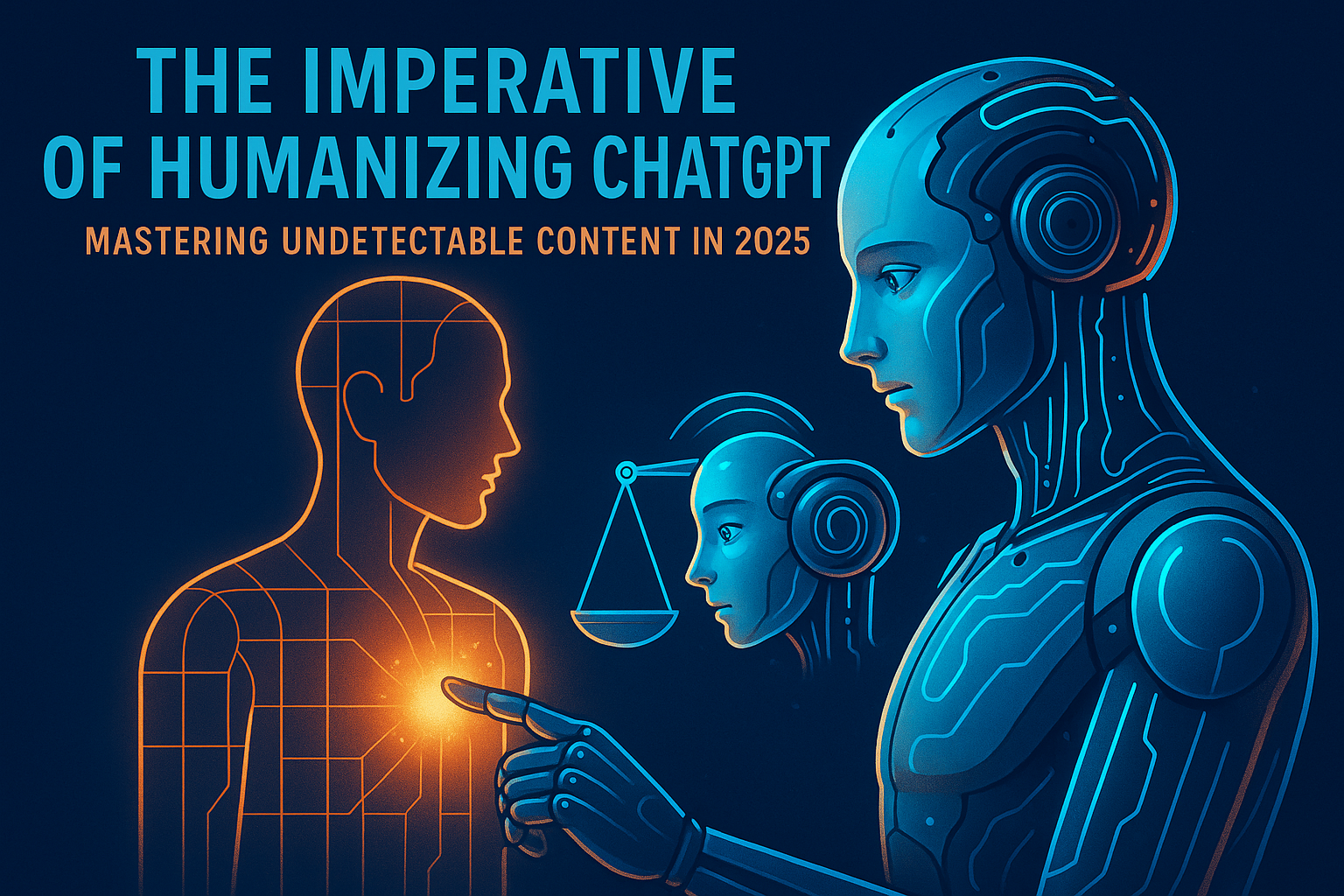 Futuristic AI robot touching a glowing human wireframe, symbolizing human-AI connection and ethical content creation