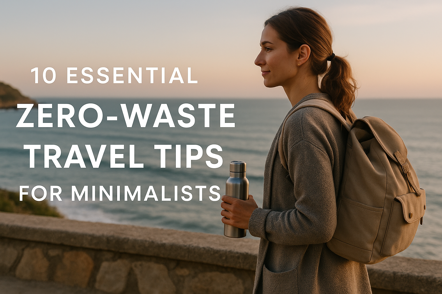 A minimalist woman holding a reusable bottle while traveling by the ocean during golden hour.