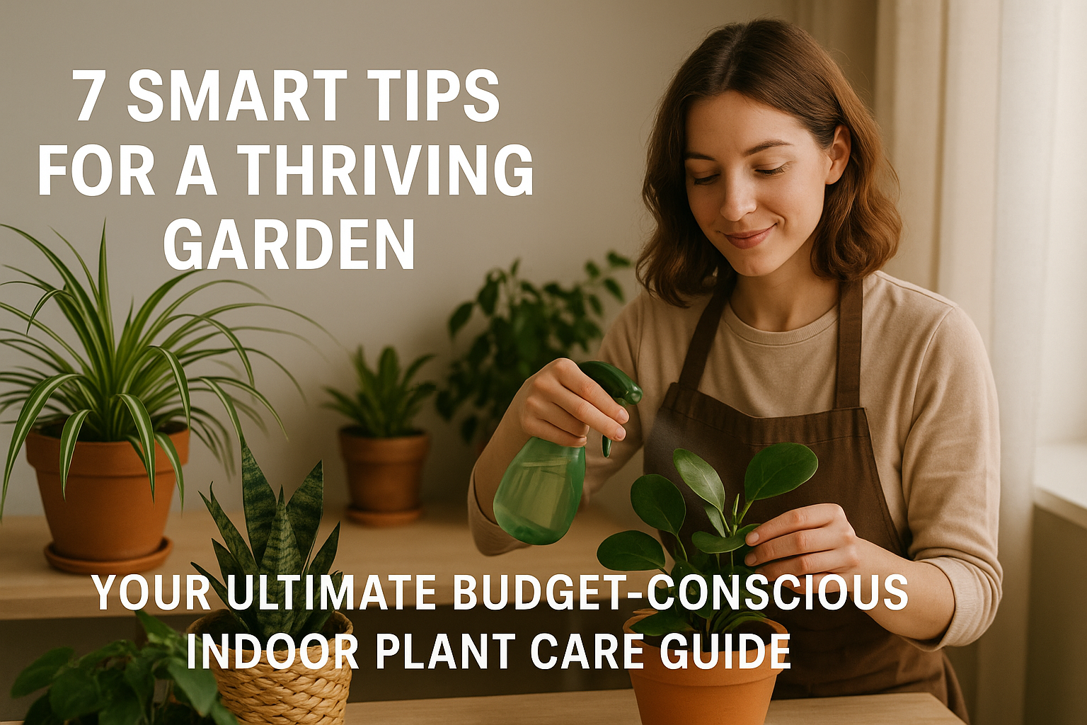 A woman in an apron sprays water on a potted indoor plant surrounded by various houseplants near a window.