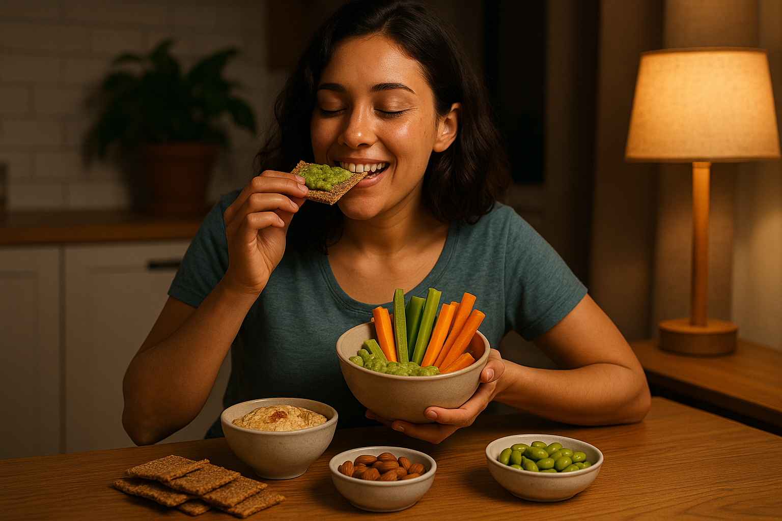 A young woman eating healthy vegan snacks at night in a cozy kitchen setting.