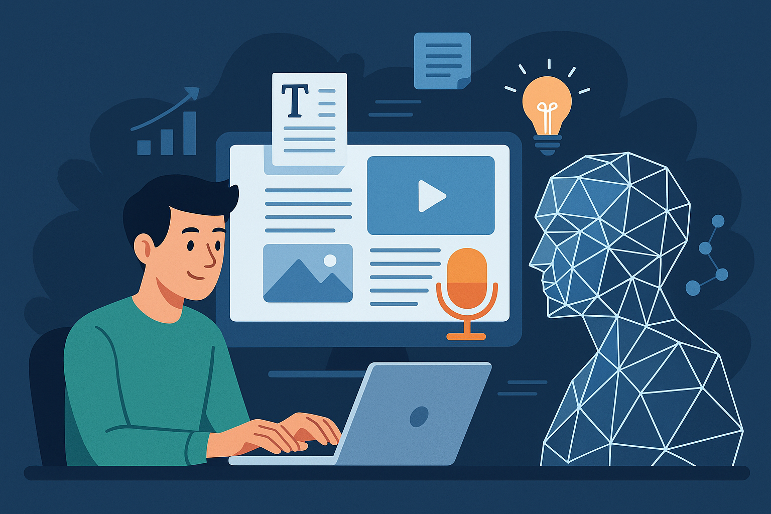 A content creator using a laptop while an AI figure assists in generating text, images, and videos on a futuristic interface.