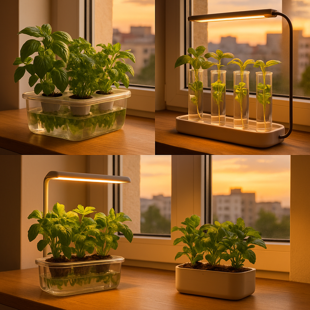 A modern windowsill hydroponic garden with basil and leafy greens growing in transparent containers and test tubes, illuminated by warm sunset light in an urban apartment.