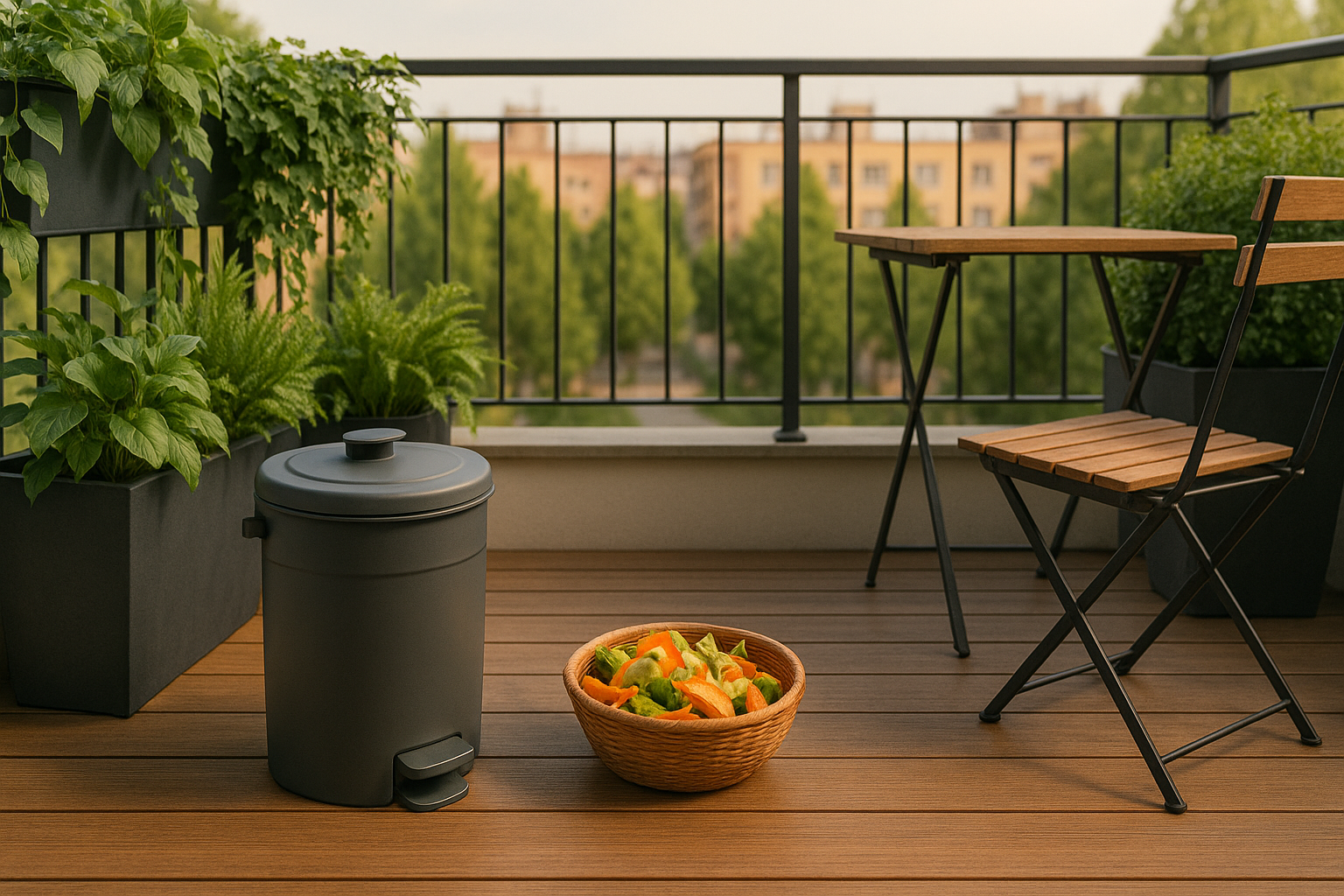 Odorless compost bin and a bowl of food scraps on a small urban balcony with lush plants, wooden furniture, and a city view in the background.