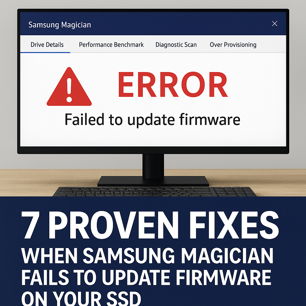 A computer screen showing a Samsung Magician firmware update error with the message “Failed to update firmware,” and below it, a bold banner stating “7 Proven Fixes” on a dark blue background.