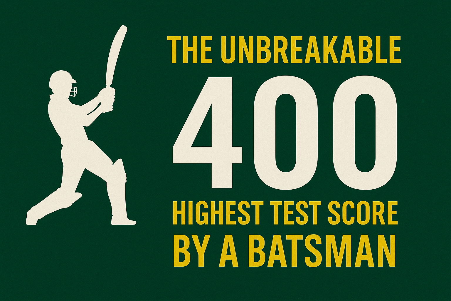 Silhouette of a cricketer in mid-swing beside bold yellow and white text reading “The Unbreakable 400 – Highest Test Score by a Batsman” on a dark green background.