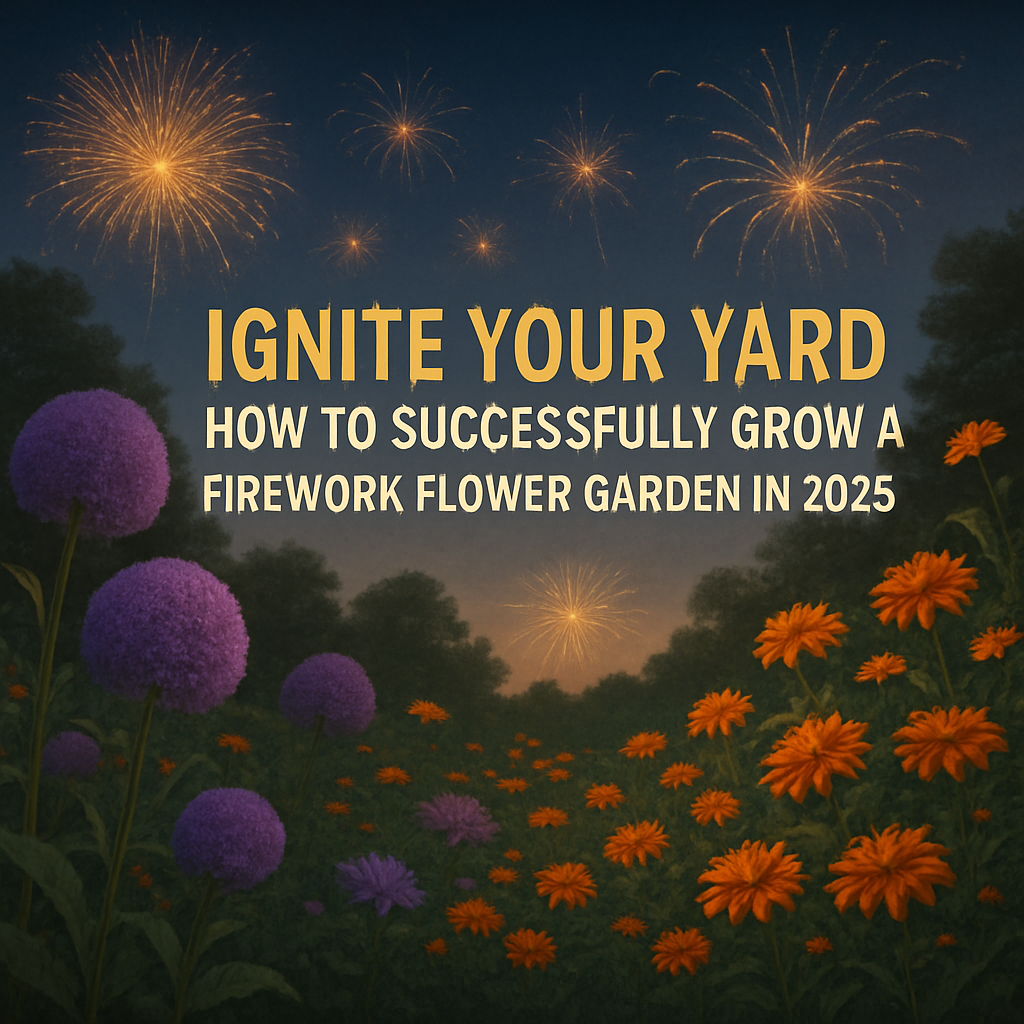 A realistic twilight garden filled with vibrant orange and purple firework-shaped flowers, with fireworks bursting in the evening sky above and bold text inviting viewers to ignite their yard in 2025.