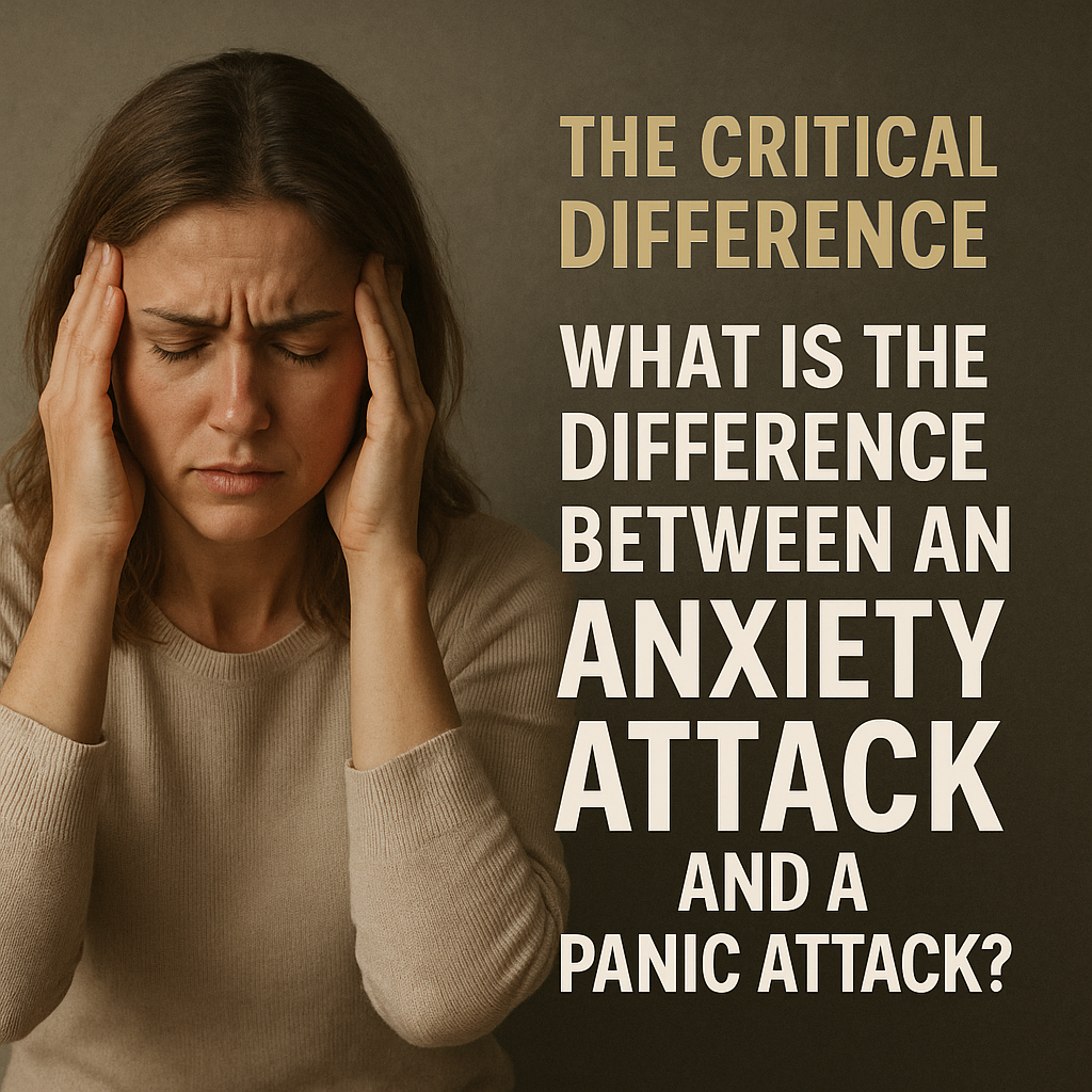 A distressed woman holding her head with both hands, looking anxious, beside bold text asking, “What is the difference between an anxiety attack and a panic attack?” on a neutral background.
