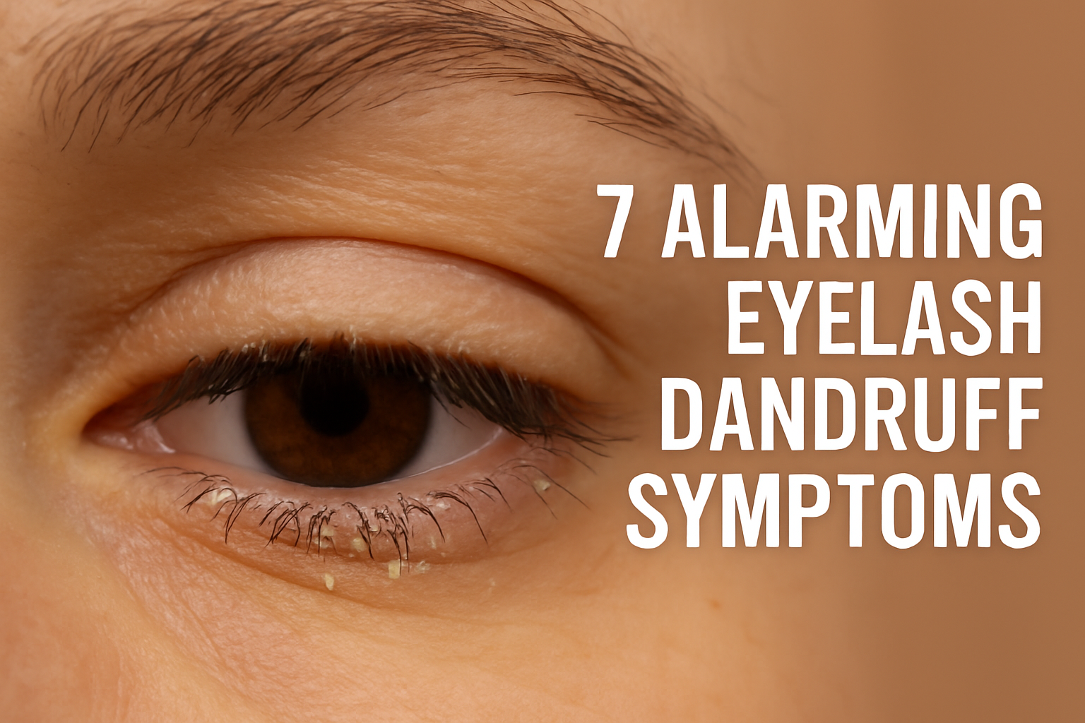 Extreme close-up of a human eye showing visible eyelash dandruff on the lower lashes, with bold white text reading “7 Alarming Eyelash Dandruff Symptoms” on the right.