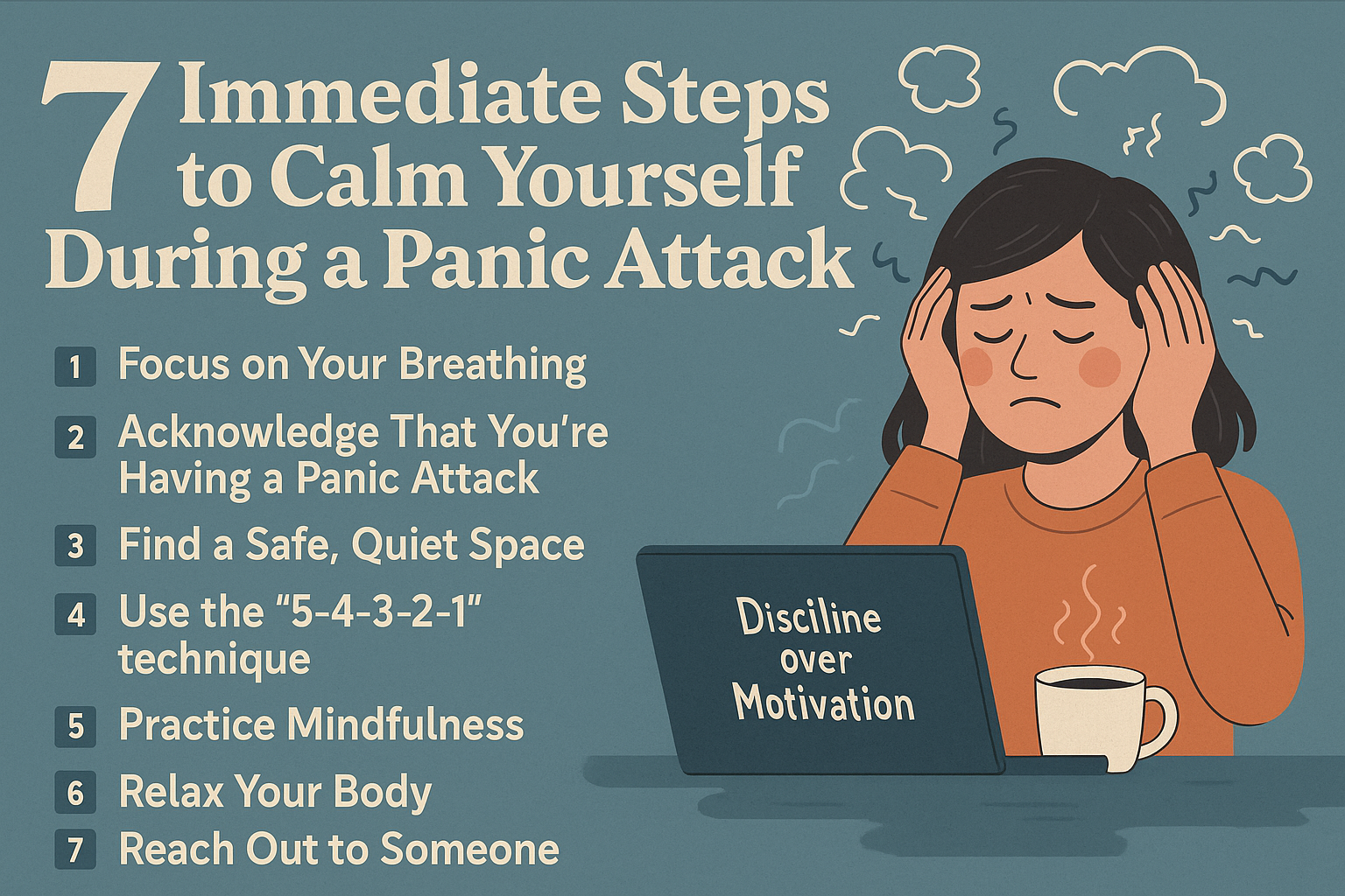 A 7-step illustrated guide to calm yourself during a panic attack, with a distressed woman and a calming color palette.