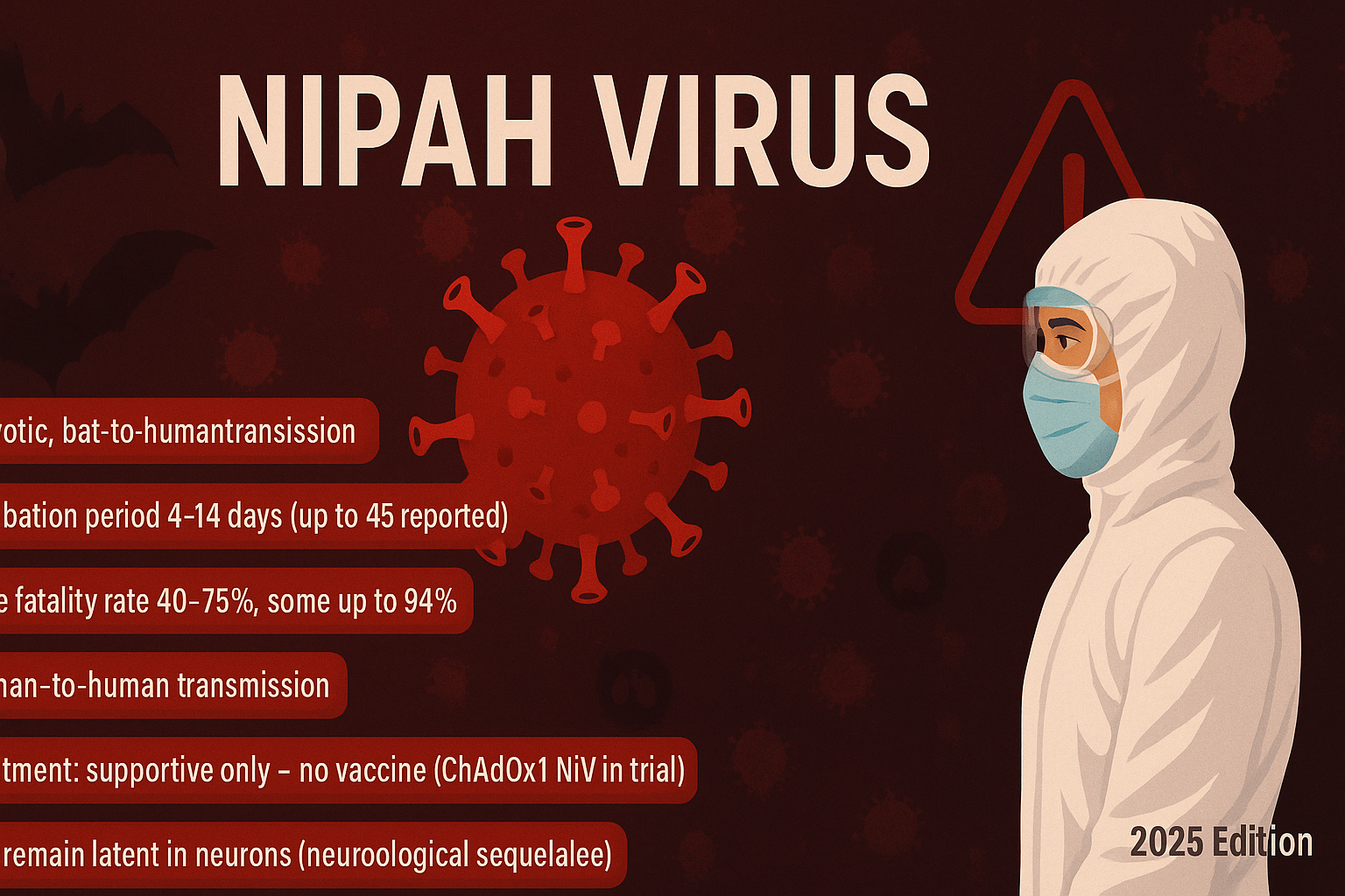 Illustration showing critical facts about the Nipah Virus with a healthcare worker, virus icon, and red alert theme.