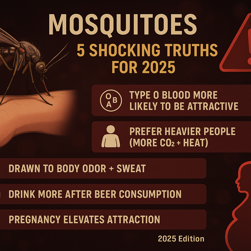 Infographic revealing five surprising facts about mosquito attraction, including blood type, body odor, and beer consumption.