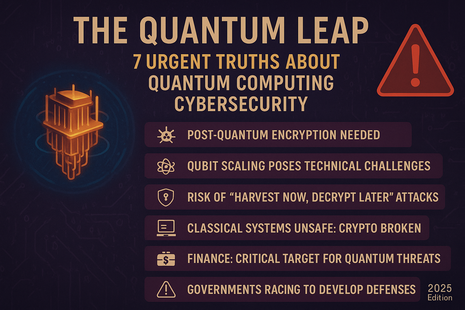 Infographic showing seven urgent cybersecurity threats related to quantum computing in 2025, including encryption risks and government responses.