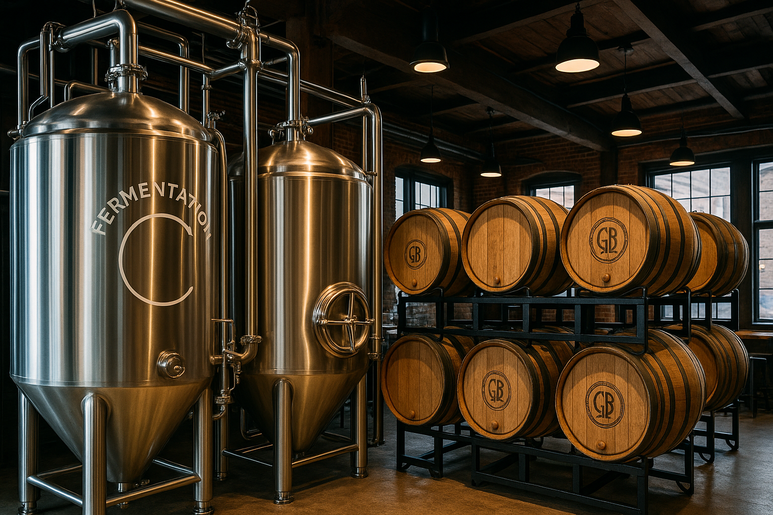 Interior of a modern craft brewery with fermentation tanks and wooden barrels