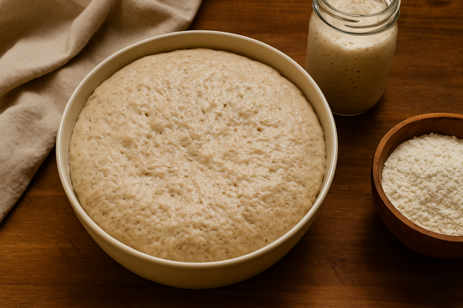 Sourdough dough in a bowl during bulk fermentation with visible bubbles and rise