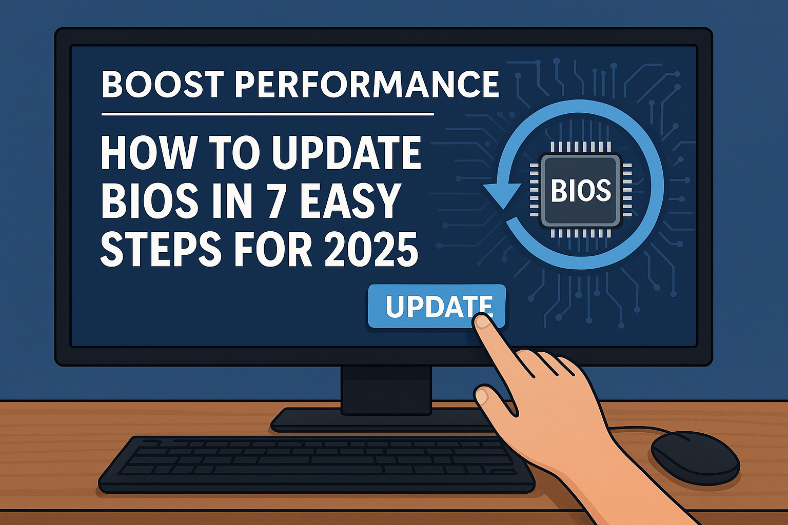 Hand clicking BIOS update button on computer screen with guide title for boosting performance in 2025