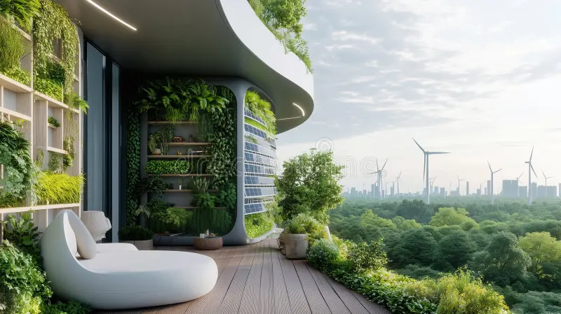 Futuristic eco-friendly urban balcony garden with lush greenery, solar panels, and modern sustainable elements in 2025.